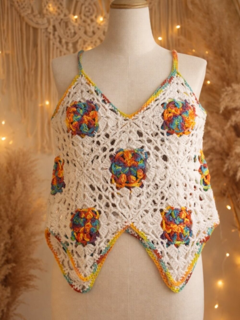 Handmade Colorful Crochet Granny Square Sleeveless Top Shirt L Boho Festival